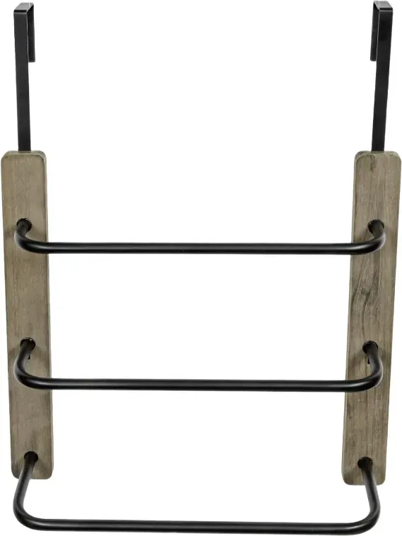 MyGift Moderner Türhandtuchhalter aus Vintage-Grau Massivholz und 3-stufigen Mattschwarz Metallstangen, Platzsparender Badezimmer-Aufbewahrung Handtuchhalter