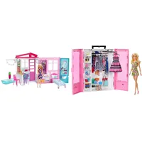 Barbie GWY84 - Ferienhaus mit Puppe, Möbeln und Pool, ca. 46 cm hoch, ab 3 Jahren, Abweichungen in Verpackung & GBK12 - Traum Kleiderschrank mit Puppe und Puppenzubehör, ab 3 Jahren, Mehrfarbig