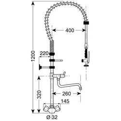 Gastro-Inox Monoblock-Vorspüldusche mit Drehreglern und einem Schwenkkran ausgestattet, 1200mm