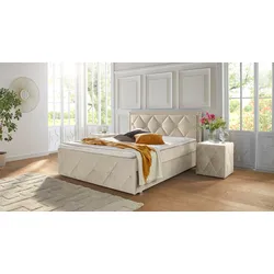 Boxbett LEONIQUE "Alfie, Topseller Inkl. Bettkasten&Topper", beige, L:211cm, Holzwerkstoff, Spanplatte, Komplettbetten, Wahlweise mit Knopfsteppung oder Strasssteinen, H2, H3 und H4 wählbar, Topseller