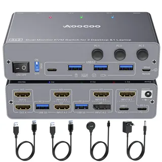 USB C KVM Switch 4K@60Hz, Dual Monitore KVM Switch für 2 PC und 1 Laptop mit EDIDEmulation,4 USB 3.0 Häfen, PD Stromversorgung für Laptop, Kabelfernbedienung, USB Kabel im Lieferumfang enthalten