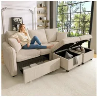 Merax Ecksofa U-förmiges Schlafsofa mit Staufunktion, Tagesbett Sofa Wohnzimmersofa aus Chenille-Bezug 1 Teile, 3-Sitzer-Ecksofa mit 2 Schubladen & 2 Hocker mit Stauraum, Polstersofa beige