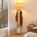YU YUSING Stehlampe Wohnzimmer, Standing Lamp 176cm mit Fußschalter & Leinen-Lampenschirm, Garderobenständer mit 8 Haken, Leselampe Stehleuchte für Schlafzimmer Kiefernholz, Modern,ohne Leuchtmittel