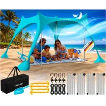eloneo Strandzelt, Sonnensegel Strand 228x214x200 cm, LSF 50+, Sonnenschutz für Strand mit Sandschaufel, Heringen und 4 Stabilitätsstangen, 4 Personen, Türkis