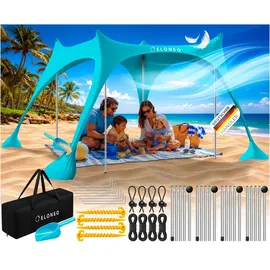 eloneo Strandzelt, Sonnensegel Strand 228x214x200 cm, LSF 50+, Sonnenschutz für Strand mit Sandschaufel, Heringen und 4 Stabilitätsstangen, 4 Personen, Türkis