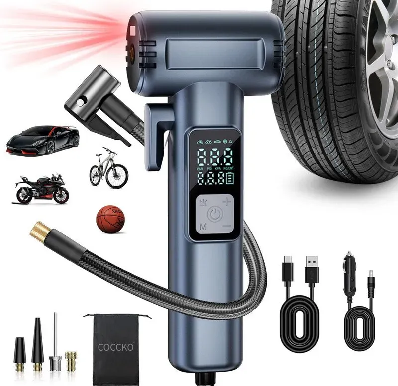 INPROB Tragbarer kabelloser Luftkompressor – Smarte Reifenpumpe für Auto, Motorrad und Fahrrad mit 3 LED-Modi, USB-Ladefunktion, SOS-Sicherheitsfunktion, Mini-Luftpumpe 12 V, tragbar