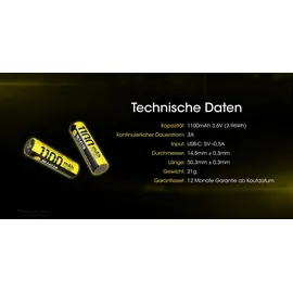 Nitecore NL1411R Akku 14500 1100mAh 3,6V 3A USB-C