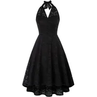 Belle Poque Damen Neckholder Spitzenkleid V-Ausschnitt Ärmellos Cocktailkleid Rockabilly Festlich Abendkleid Hochzeit Schwarz M - M