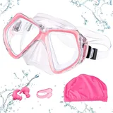 MengQiLe Taucherbrille für Erwachsene, Anti-Beschlag-Schwimmbrille, 180°-Ansicht, Schnorchel-Set mit Nasenklammer, Ohrstöpsel, Badekappe Schwimmbrille (Rosa)