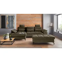 OTTO home Ecksofa OTTO HOME "Costello L-Form, B: 301 cm mit Sitztiefen-, Armteilverstellung &", grün (oliv), B:301cm H:89cm T:176cm, 100% Polyester;Samtoptik (100% Polyester), Sofas, Ecksofa, 3 Nierenkissen, optional Bettfunktion & Bettkasten, Topseller