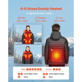 Vevor Beheizbare Jacke für Herren mit 7,4-V-Akku, Softshell-Elektroheizmantel, winddichte, leichte Oberbekleidung mit 6 Heizzonen & 3 Heizstufen für Wanderungen, Arbeiten im Freien, schwarz,L