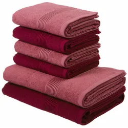 Handtuch Set MY HOME "Anna, 2 Duschtücher 70x140, 4 Handtücher 50x100", rot (bordeaux, beere), 6 tlg., Walkfrottee, Walkfrottee, Obermaterial: 100% Baumwolle, Handtuch-Sets, Handtuch-Set, gestreifte Bordüre, 100% Baumwolle, zweifarbig