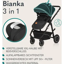 lionelo BIANKA Kinderwagen 3 in 1 bis 22 kg Babywanne Autositz Zusammenlegbar, Reise-System, Einstellung der Rückenlehne, Räder 360o Stoßdämpfer, Verdeck XXL