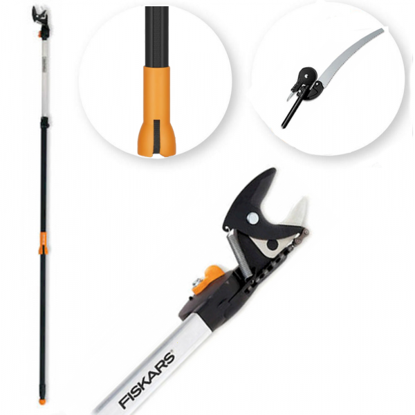 Fiskars UP86 - Professionelle Teleskop-Astschere  Schaft 240/400 cm + Handsäge 45 cm - Ø 32mm