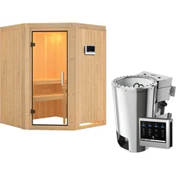 Karibu Sauna Nanja - 68 mm Systemsauna - 230 Volt Plug & Play-3,6kW Plug&Play Bio-Kombiofen externer Steuerung Easy-Ohne Dachkranz-Klarglas Ganzglastür