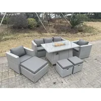 8-Sitzer Polyrattan Gartenmöbel Set im Freien Gas Feuertisch Sofa Sets mit 2 Sessel Großer Hocker 2 Kleiner Hocker Helles Grau - Fimous