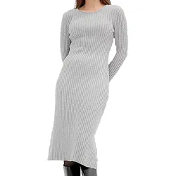 weiches Damen Midi-Kleid Basic-Kleid im Strick-Stil Langarm-Kleid 971307 Grau - 40/42