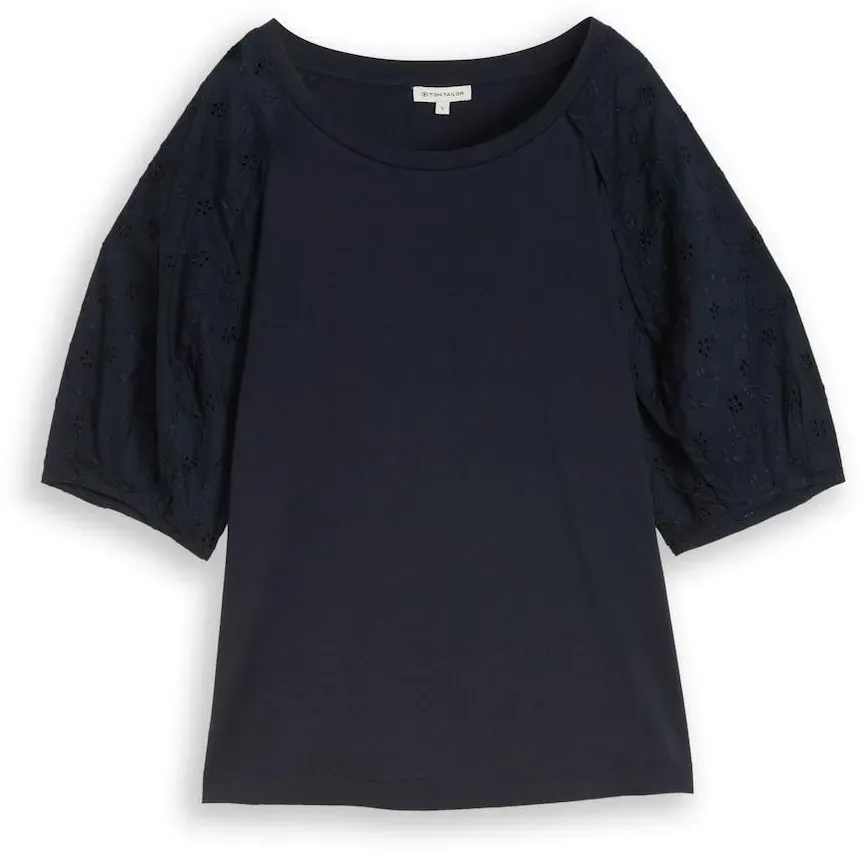 TOM TAILOR Damen T-Shirt mit Lochstickereien, blau, Uni, Gr. M