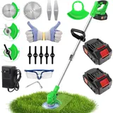 Akku-Rasentrimmer, mit 2 Li-Akku, 2,0 Ah Akku und Ladegerät, Rasenkantenschneider, 180° Trimmwinkel, Teleskop-Stiel & Zusatzhandgriff,Grün