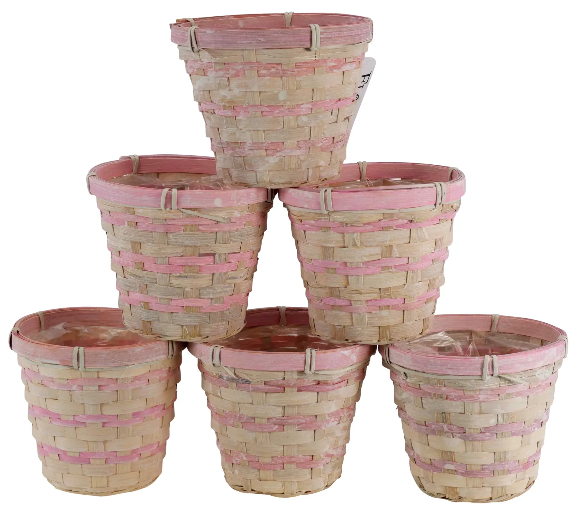 Korb Bambussplitt D14H14cm pink/weiß