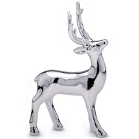 Große stehende Porzellan Deko Rentier Figur - silbern glänzende Hirsch Geweih Weihnachts-Deko zum Hinstellen Höhe 19 cm