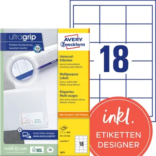 Avery Zweckform Adressetiketten 3671 Weiß 64,0 x 45,0 mm 100 Blatt 1800 St.