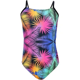 Aquarti Mädchen Badeanzug mit Spaghettiträgern Streifen – Sport Badeanzug Mädchen, Chlorresistent, Farbe: Bunte Blätter/Schwarz/Pink/Orange, Größe: 146 - 146