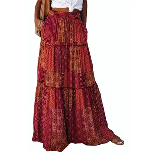 BETYFUL Maxi Rock Damen Langer Sommer Blumen Boho Hohe Elastische Taille Maxirock Stufenrock mit Taschen,A-Linie Strandrock - XL