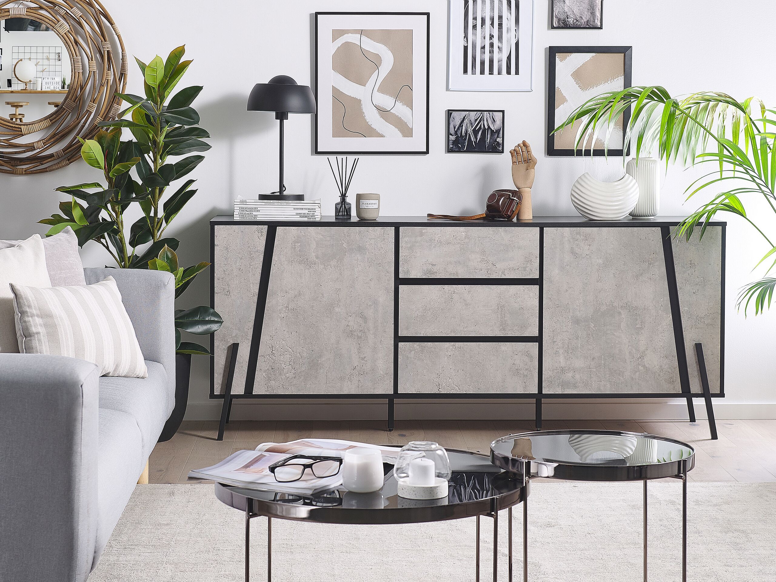 Sideboard Betonoptik / schwarz 3 Schubladen 2 Schränke BLACKPOOL