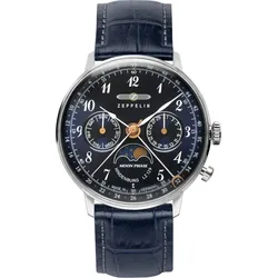 Zeppelin Damenuhr LZ 129 Hindenburg Mondphase 70373 - Nachtblaues Ziffernblatt mit weißen Zahlen/Indices,dunkelblau,graue Naht - 36mm