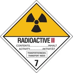Gefahrzettel, Gefahrgutklasse 7B - Radioaktive Stoffe, Kategorie II-GELB - 100x100 mm Folie selbstklebend