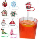 MAGICLULU 9 Stück Teiliges Wiederverwendbarer Silikon Strohhalm Abdeckungen mit Niedlichen Weihnachtsmotiven Staubdicht Langlebig Flexibel Passend für Trinkhalme und Becher Schützt vor