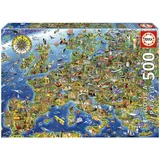 Educa - Verrückte Europakarte | Puzzle 500 Teile für Erwachsene und Kinder ab 11 Jahren, Bunte Europakarte Sehenswürdigkeiten, Inklusive Puzzle-Kleber (17962)