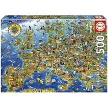 Educa - Verrückte Europakarte | Puzzle 500 Teile für Erwachsene und Kinder ab 11 Jahren, Bunte Europakarte Sehenswürdigkeiten, Inklusive Puzzle-Kleber (17962)