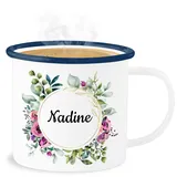 Emaille Becher Blechbecher - Boho - Dein Name in Blumenkranz - 300 ml - Weiß Blau - bedrucken lassen tasse personalisierte namens geschenke bedruckt personalisiertes individuell tassen bohemian