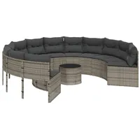 vidaXL Gartensofa mit Tisch und Kissen Rund Grau Poly Rattan