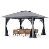 GOPLUS Faltbarer Gartenpavillon 4x4 m, Pop Up Pavillon mit Doppeldach, 4 abnehmbaren Moskitonetzen, Stabiler Faltpavillon Winterfest, Partyzelt mit robuster Metallrahmen, für Garten & Terrasse (Grau)
