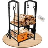 Lemodo Kaminholzregal Metall 49 x 30 x 74,5 cm mit 4-teiligem Kaminbesteck Schwarz