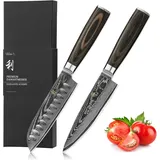 Wakoli EDIB Essentials 2er Damastmesser-Set - Küchenmesser Set aus 67 Lagen Damaststahl, Kochmesser-Set mit kleinem Chefmesser, Santokumesser, Pakkaho