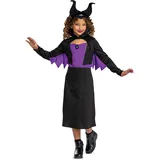 Disney Offizielles Classic Maleficent Kostüm Kinder mit Maleficent Hörner, Elfen Kostüm Kinder Mädchen Elf Demon Horns Halloween Faschingskostüm Karneval Geburstag Costume Größ M