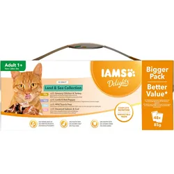 IAMS- Delights Portionsbeutel für ausgewachsene Katzen - mit einer Auswahl an Fleisch- und Fischfutter in Sauce 40x85g