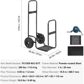 Vevor Kaminholzwagen 67x52x110cm Brennholzwagen Pulverbeschichteter Stahl Brennholzkarre mit 266,7-mm-Gummirädern Holzwagen Max. 113,4kg Transportwagen inkl. Bungee-Seil Bodennetz 600D Oxford-Tuch
