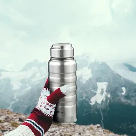 Relaxdays Trinkflasche Edelstahl, 400 ml, auslaufsicher, Kalt- & Heißgetränke, Vakuum Isolierflasche, Outdoor, Silber