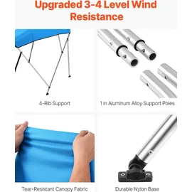 Vevor Bimini Top Bootsabdeckung Sonnenverdeck (4 Bögen) aus 600D Polyester mit Rahmen aus Aluminiumlegierung, wasserdichte Sonnenschutz-Bootsmarkise mit Aufbewahrungstasche, 185-198 cm (B) Blau