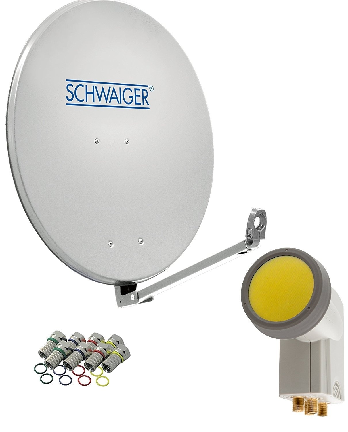 SCHWAIGER 4593 SAT-Anlage Satelliten-Set Satellitenschüssel Quad LNB digital 8X F-Stecker 7mm SAT-Antenne aus Aluminium Komplettset Hellgrau 88 x 88 cm