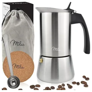 MILU Espressokocher Induktion geeignet | 2, 4, Tassen | Edelstahl Mokkakanne, Espressokanne, Espresso Maker Set inkl. Untersetzer, Löffel, Bürste (4 Tassen 200ml)
