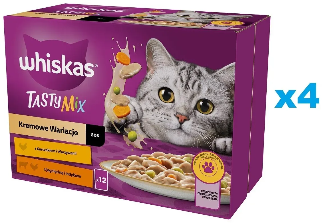 WHISKAS Adult 48x85g Creamy Variations Nassfutter für ausgewachsene Katzen in Sauce mit: Huhn und Gemüse, Lamm und Pute