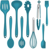 Küchenhelfer Set, Joyfair 9 Stück Silikon Küchenutensilien, Hitzebeständiges Kochutensilien Kochgeschirr Set mit Pfannenwender Schneebesen Grillzange, Antihaft Kochbesteck Set zum Kochen & Backen-Blau