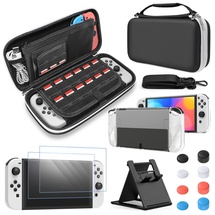 Fyoung Zubehör Bundle Kompatibel mit Nintendo Switch OLED-Modell mit Tragetasche und Schutzhülle Tragbarer Tasche für Switch OLED & Hülle & Displayschutz & Joystick Kappen - Schwarz