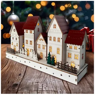 Hti-Living LED Holz Weihnachtsdorf mit Wintermotiv Batteriebetrieben